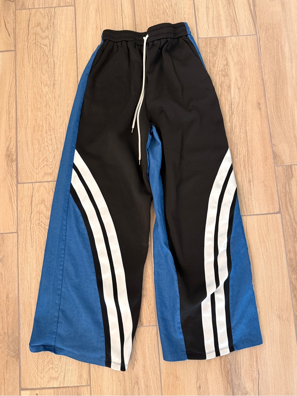 Black and Blue Wide-Leg Joggers with White Stripe